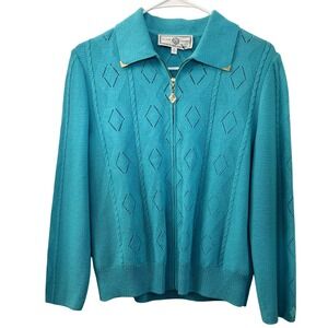 St. John Sport Teal Diamond Knit Zip Up Cardigan Sweater Women's Size S Designer